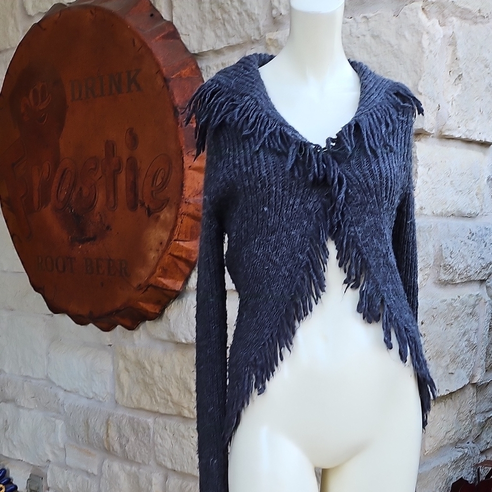 Boho Telluride Clothing Fringed Wool Blend Knit Charcoal Hippie Cardigan M